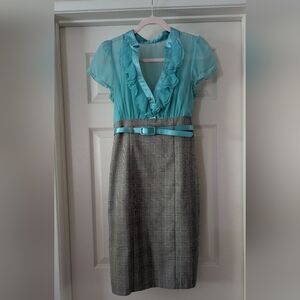 Vintage Turquoise Blue & Gray Plaid Women's One Piece Pencil Dress Small -ish